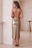 Halter Champagne Sheath Keyhole Metallic Midi Holiday Party Dress