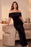 Off The Shoulder Beaded Velvet Sheath Black Midi Holiday Party Dress