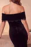 Off The Shoulder Beaded Velvet Sheath Black Midi Holiday Party Dress