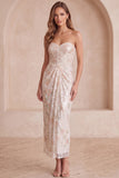 Strapless Sequins Ruched Floral Sheath Ivory Midi Holiday Party Dress