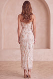 Strapless Sequins Ruched Floral Sheath Ivory Midi Holiday Party Dress