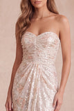 Strapless Sequins Ruched Floral Sheath Ivory Midi Holiday Party Dress