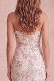 Strapless Sequins Ruched Floral Sheath Ivory Midi Holiday Party Dress