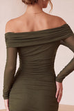 Off The Shoulder Sheath Olive Ruched Midi Holiday Party Dress