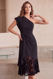 One Shoulder A-Line Black Lace Midi Holiday Party Dress with Ruffles