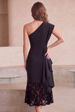 One Shoulder A-Line Black Lace Midi Holiday Party Dress with Ruffles