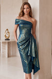 Asymmetrical Neck Metallic Blue Ruched Sheath Midi Holiday Party Dress with Ruffles