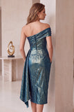 Asymmetrical Neck Metallic Blue Ruched Sheath Midi Holiday Party Dress with Ruffles
