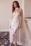 Floral Sequins Ivory Sheer Sheath Midi Holiday Party Dress with Neck Scarf