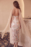 Floral Sequins Ivory Sheer Sheath Midi Holiday Party Dress with Neck Scarf
