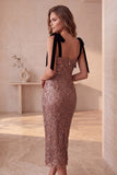 Square Neck Coffee Sequins Sheath Midi Holiday Party Dress