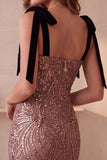 Square Neck Coffee Sequins Sheath Midi Holiday Party Dress