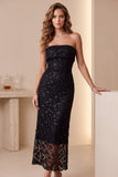 Sequins Black Sheath Sheer Strapless Midi Holiday Party Dress