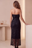 Sequins Black Sheath Sheer Strapless Midi Holiday Party Dress