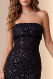 Sequins Black Sheath Sheer Strapless Midi Holiday Party Dress