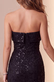 Sequins Black Sheath Sheer Strapless Midi Holiday Party Dress