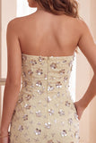 Strapless Floral Sequins Light Yellow Sheath Midi Holiday Party Dress
