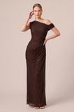 Coffee Sheath Ruched Asymmetrical Neck Sequins Maxi Formal Dress