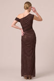 Coffee Sheath Ruched Asymmetrical Neck Sequins Maxi Formal Dress