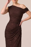Coffee Sheath Ruched Asymmetrical Neck Sequins Maxi Formal Dress
