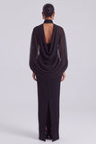 High Neck Sheath Long Black Tie Dress with Cape Sleeves