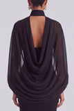 High Neck Sheath Long Black Tie Dress with Cape Sleeves