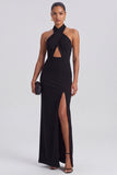 Halter Keyhole Sheath Long Black Tie Dress with Slit