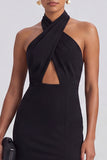 Halter Keyhole Sheath Long Black Tie Dress with Slit