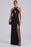 Halter Keyhole Sheath Long Black Tie Dress with Slit