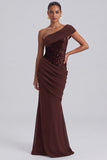 One Shoulder Mermaid Draped Sequins Brown Long Formal Dress