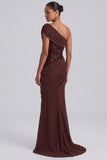 One Shoulder Mermaid Draped Sequins Brown Long Formal Dress