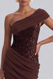 One Shoulder Mermaid Draped Sequins Brown Long Formal Dress