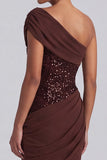 One Shoulder Mermaid Draped Sequins Brown Long Formal Dress