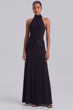 A-Line High Neck Sequins Long Black Tie Dress