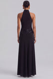 A-Line High Neck Sequins Long Black Tie Dress