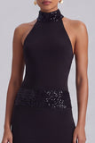 A-Line High Neck Sequins Long Black Tie Dress