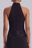 A-Line High Neck Sequins Long Black Tie Dress