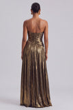 Metallic Gold A-Line Ruched Strapless Long Formal Dress with Slit