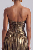 Metallic Gold A-Line Ruched Strapless Long Formal Dress with Slit