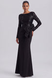 Sequins Mermaid Long Sleeve Black Tie Dress with Bow