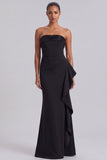 Strapless Mermaid Ruched Sequins Long Black Tie Dress with Ruffles