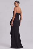 Strapless Mermaid Ruched Sequins Long Black Tie Dress with Ruffles