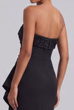 Strapless Mermaid Ruched Sequins Long Black Tie Dress with Ruffles