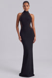 High Neck Mermaid Long Black Tie Dress with Back Slit