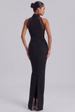 High Neck Mermaid Long Black Tie Dress with Back Slit