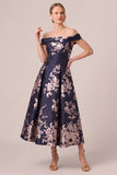 Off The Shoulder A Line Floral Navy Midi Mother of the Bride Dress