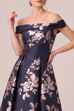 Off The Shoulder A Line Floral Navy Midi Mother of the Bride Dress