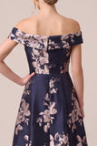 Off The Shoulder A Line Floral Navy Midi Mother of the Bride Dress