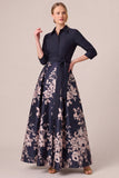 A Line Floral Navy 3/4 Sleeve Maxi Mother of the Bride Dress