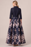 A Line Floral Navy 3/4 Sleeve Maxi Mother of the Bride Dress